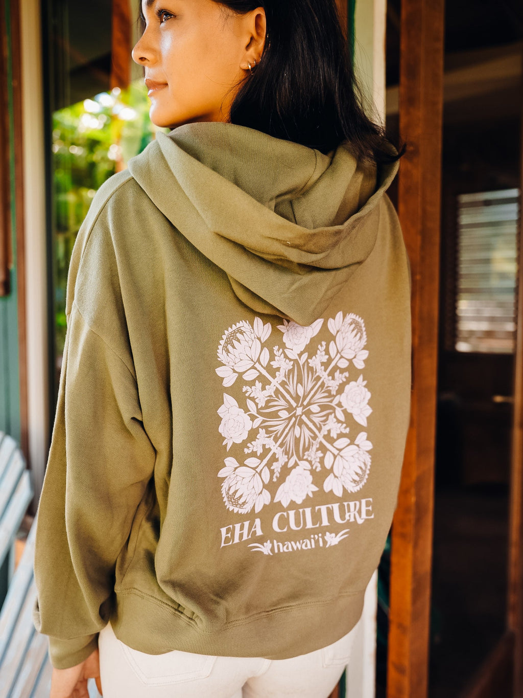 EHA French Terry Hoodie in Light Olive with Pink Upcountry Print