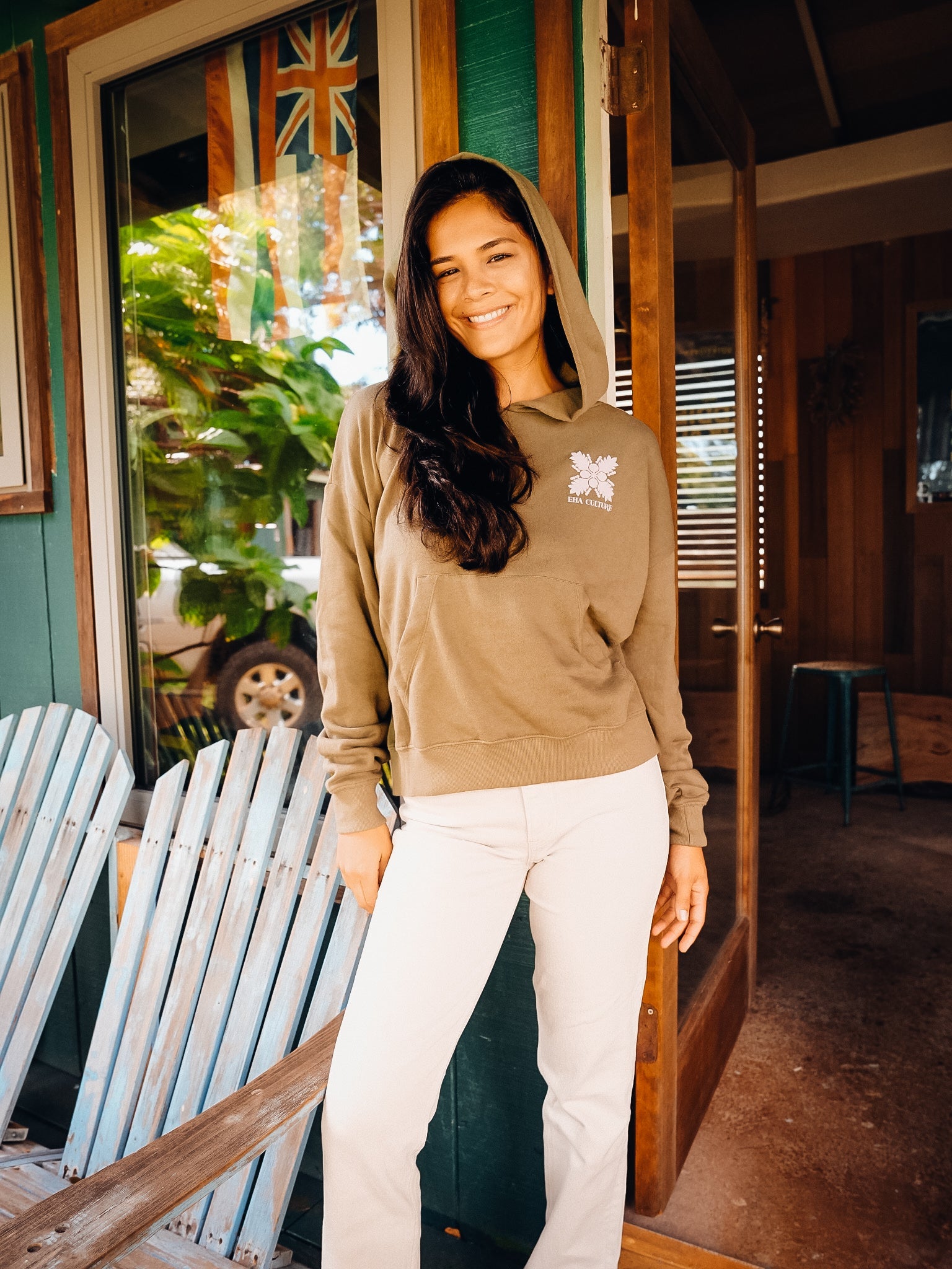 EHA French Terry Hoodie in Light Olive with Pink Upcountry Print