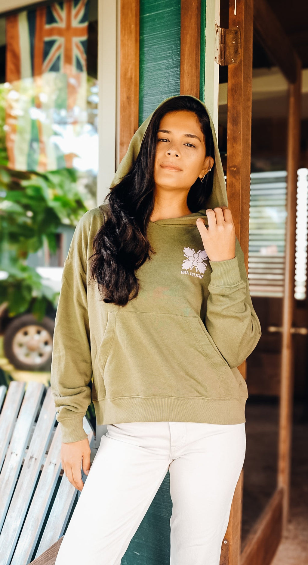 EHA French Terry Hoodie in Light Olive with Pink Upcountry Print