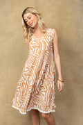 Nicole Patterned Empire Waist Dress In off White and Brown