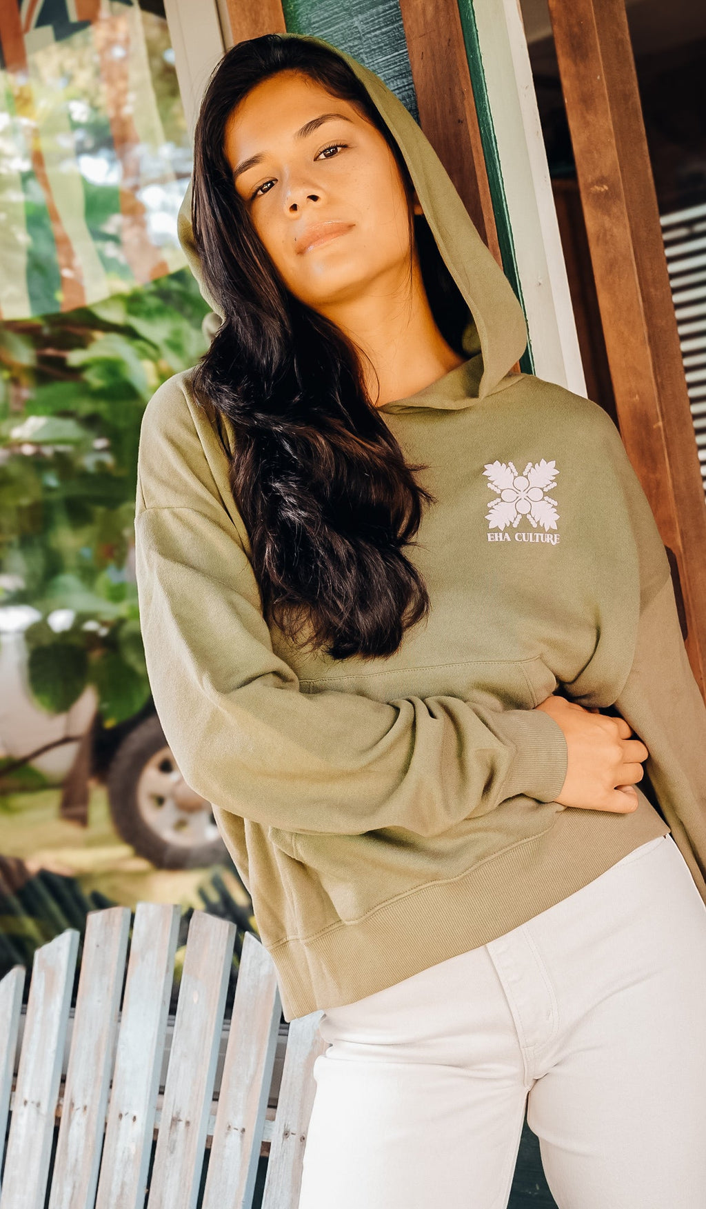 EHA French Terry Hoodie in Light Olive with Pink Upcountry Print