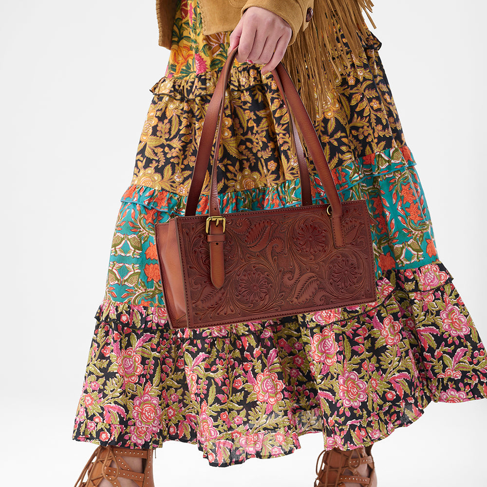 Loyal West MIVVA HANDTOOLED MINI BAG - SOFT WALNUT LEATHER