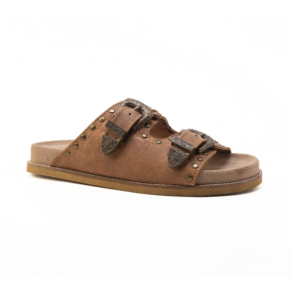 Myra Great Sonora Sunset Studded Leather Sandals for Women – Cork Sole, Antique Brass Dual Buckles for All-Day Comfort