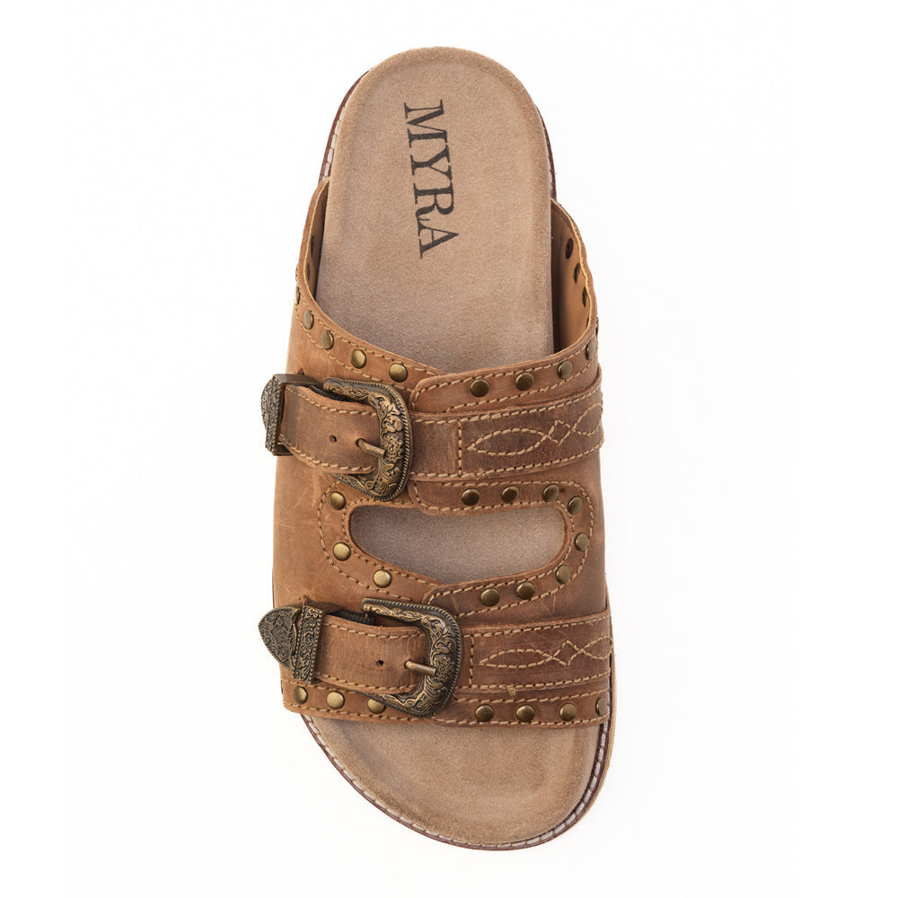 Myra Great Sonora Sunset Studded Leather Sandals for Women – Cork Sole, Antique Brass Dual Buckles for All-Day Comfort