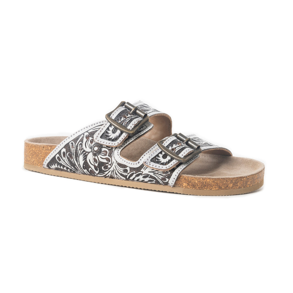 Mesa Scroll Handtooled Sandals in Brown & White