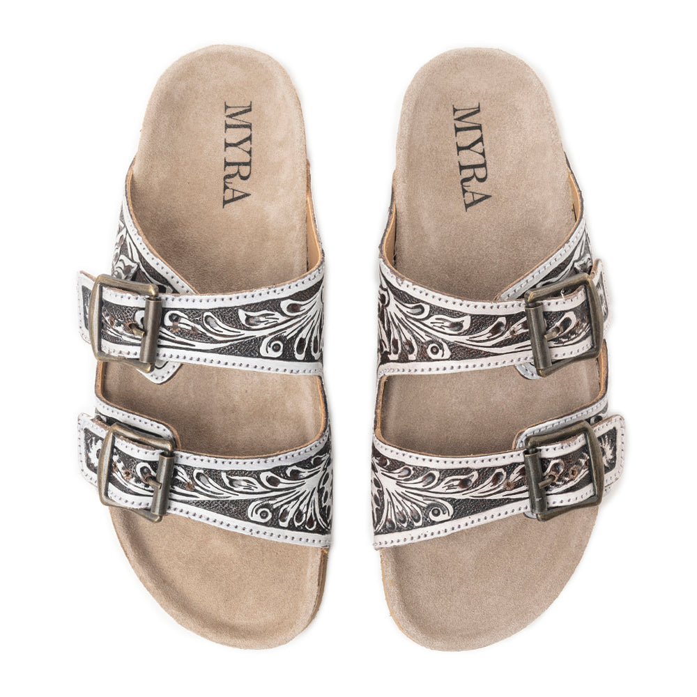Mesa Scroll Handtooled Sandals in Brown & White