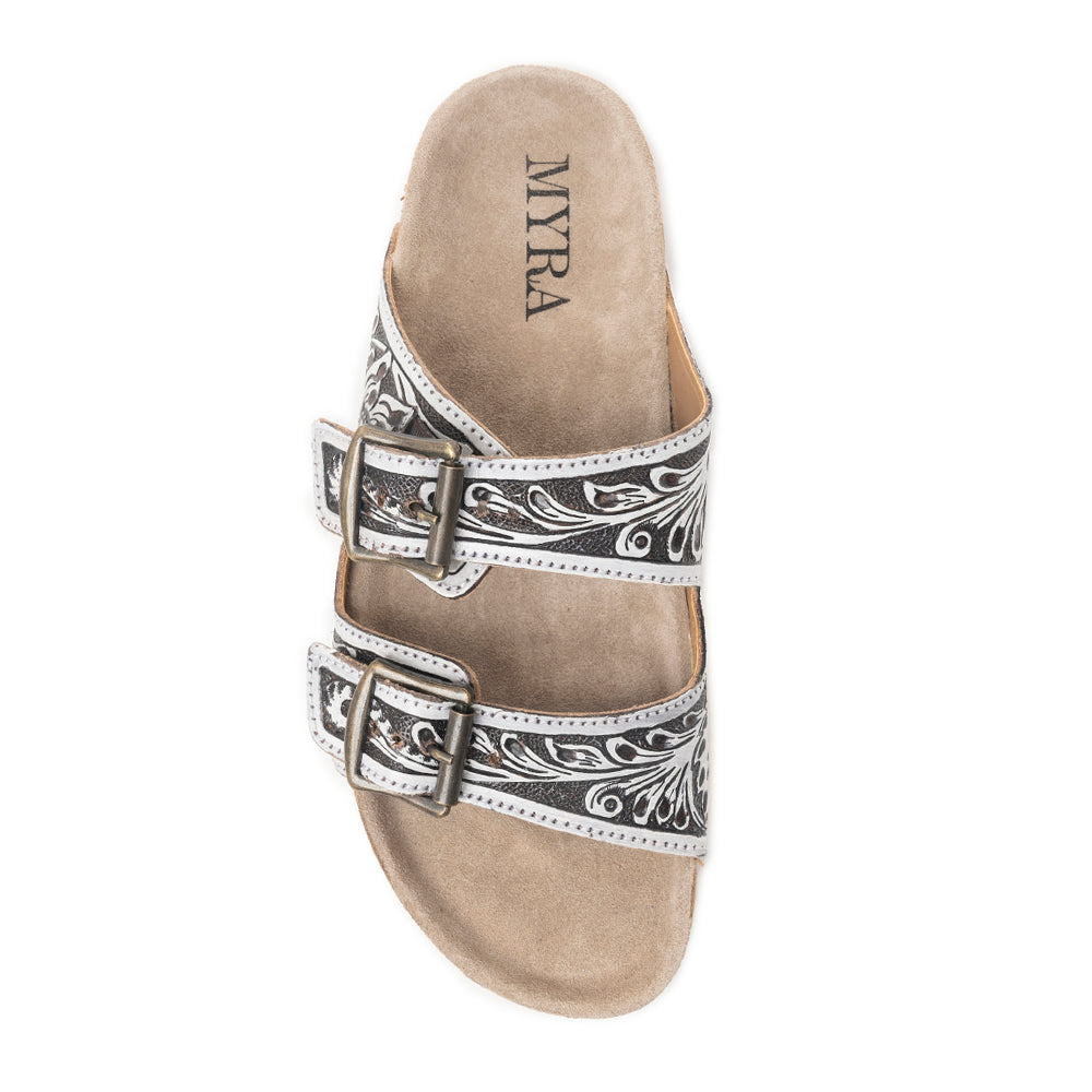 Mesa Scroll Handtooled Sandals in Brown & White