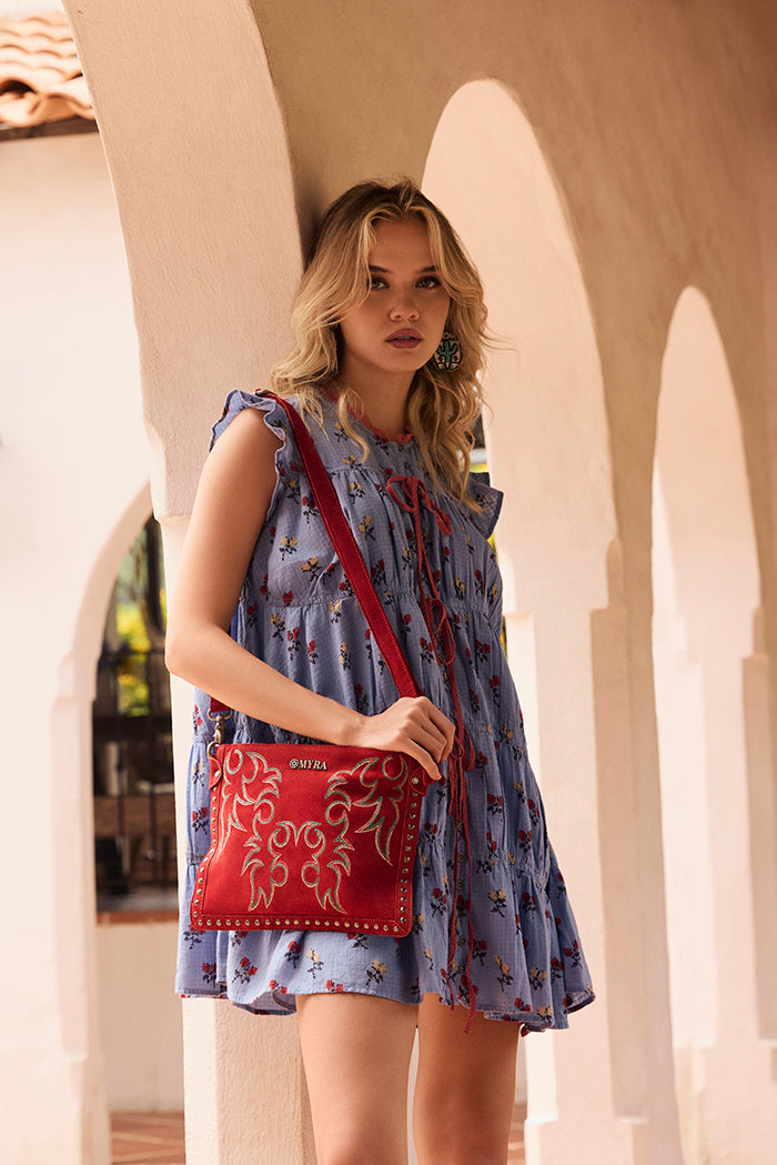 Myra Texas Rose Embroidered Leather Sling Bag for Women Suede Finish with Silver Studded Detail