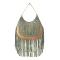 Sage Whisper Fringe Leather Bag in Green