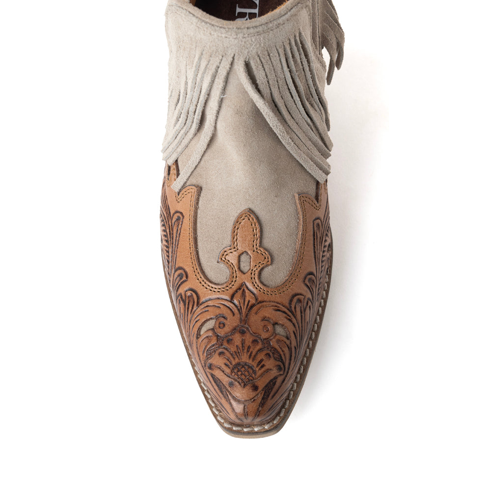 Myra Cimarron Belle Fringed Handtooled Leather Booties in Wild Tan