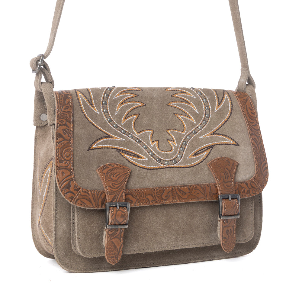 Myra Amberwood Suede Leather Boot Embroidered Bag in Olive Taupe
