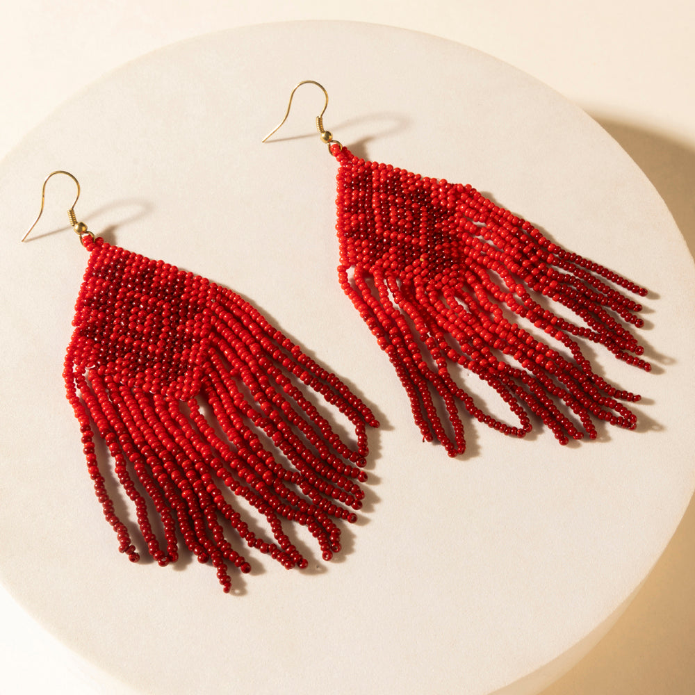 Myra Wild Blaze Beaded Fringe Earrings in Ember Red