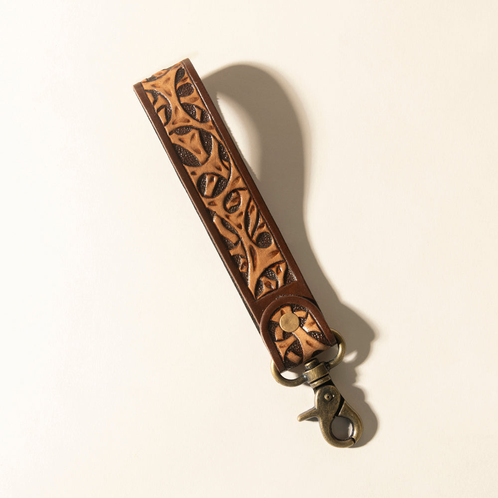 Myra Ranger's Call Handtooled Leather Keyfob in Mocha Brown