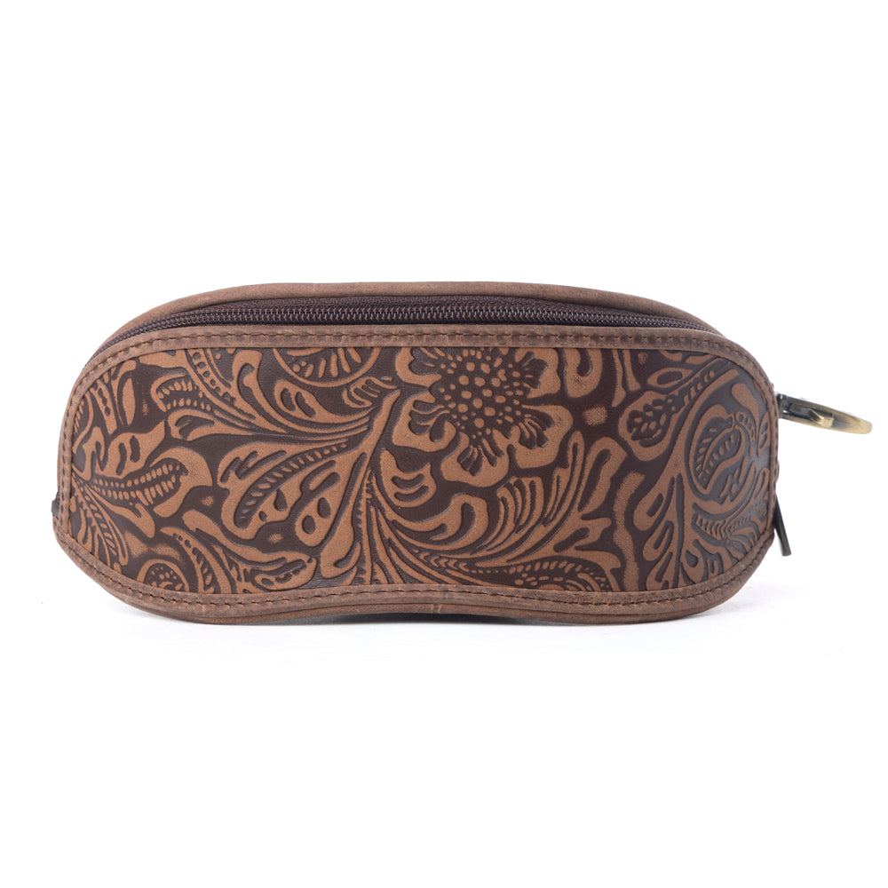 Myra Silver Creek Embossed Leather Sunglass Case in Saddle Brown