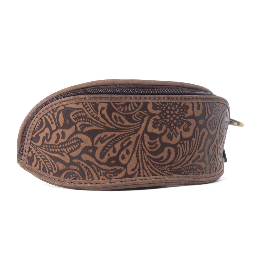 Myra Silver Creek Embossed Leather Sunglass Case in Saddle Brown