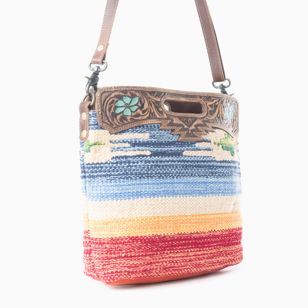 Myra Azure Petals Woven Crossbody Bag with Handtooled Leather â€“ Multicolor Embroidery, Adjustable Strap & Cutout Handle