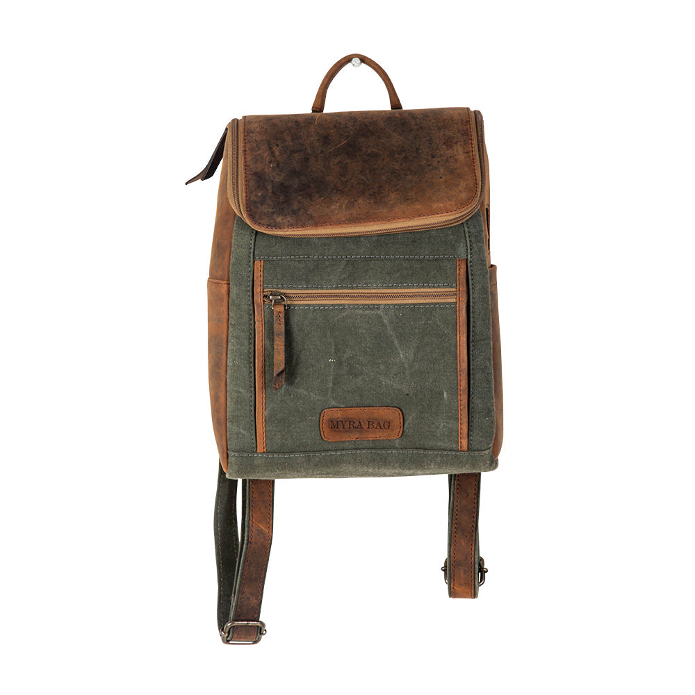 Myra Carriage Port Slimline Backpack - Aged Leather Flap, Rustic Daypack for Daily Commute & Outdoor Travel