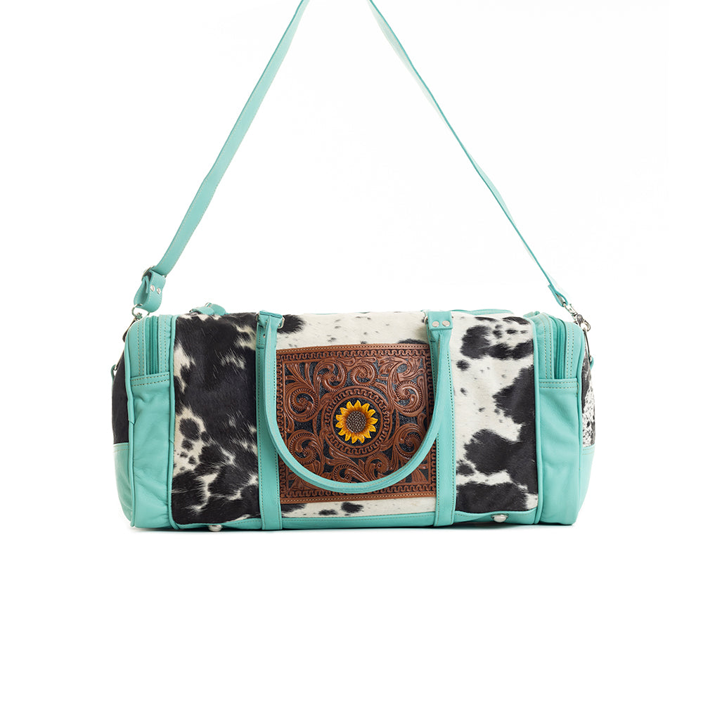 Myra Darling Mesa Turquoise Leather Duffle Bag - Hand-Tooled Cowhide Travel Bag with Sunflower Accent and Spacious Interior