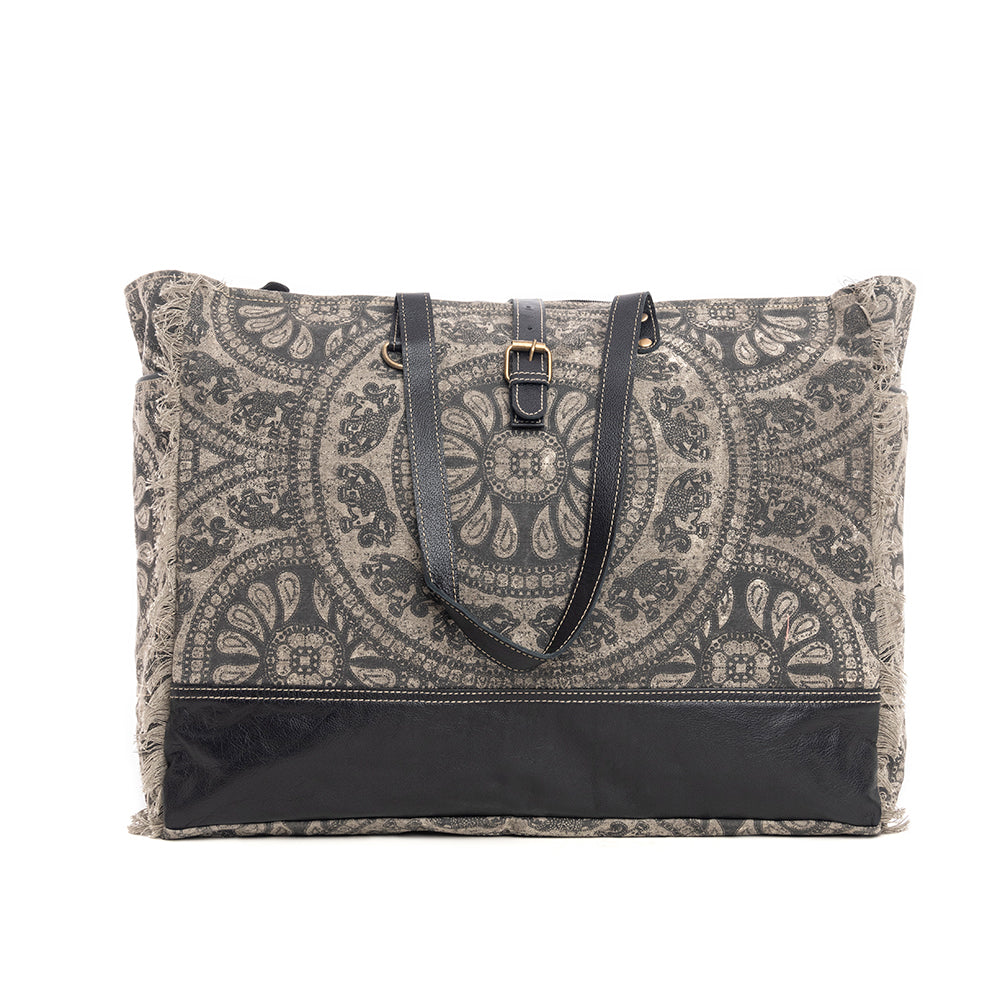 Myra Carmela Printed Canvas Weekender Bag â€“ Leather Handles with Buckle Strap, Spacious Travel Tote for Western Getaways